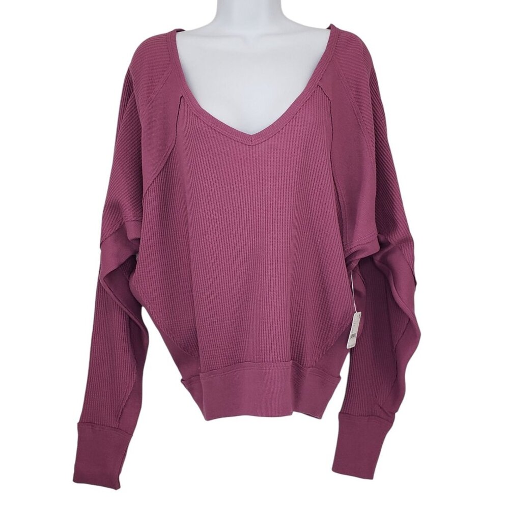 Free People Waffle Knit V-Neck Top Slouchy Oversized Beachy Boho Mulberry NWT